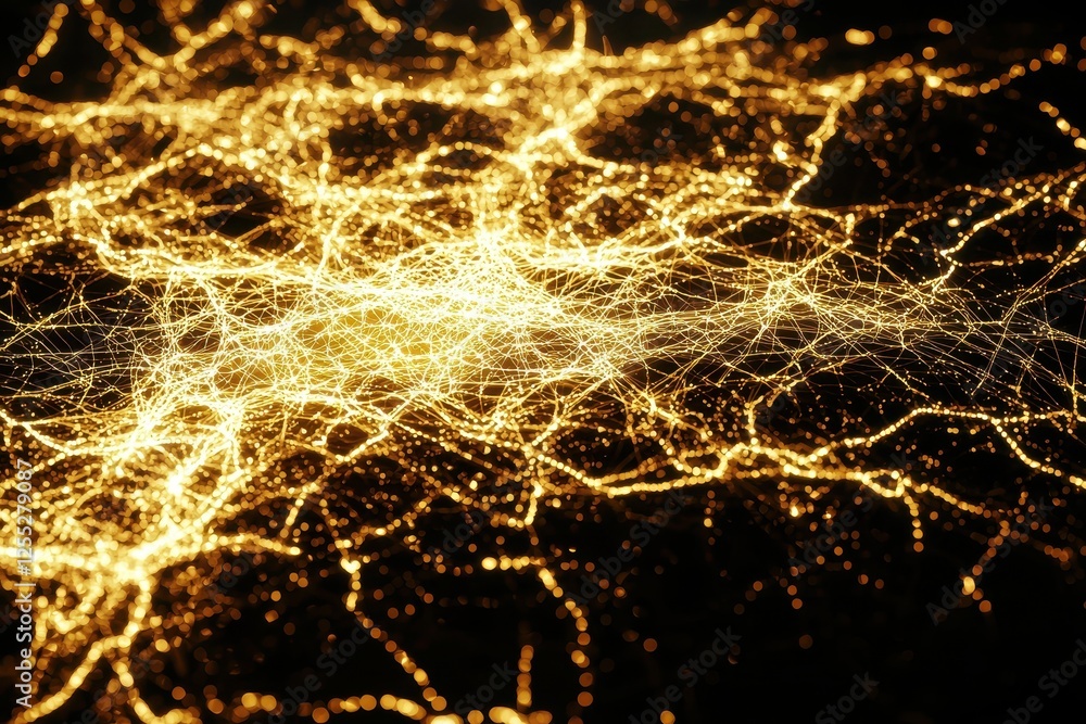 Poster abstract golden network illuminated connections and nodes digital art background