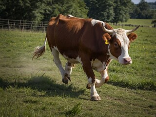 Grazing Brown and White Cow in Peaceful Pasture on Sunny Farm Day
