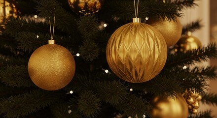 Close-up of golden Christmas ornaments hanging on a festive tree