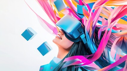 Virtual reality experience featuring a woman immersed in digital art with colorful ribbons, showcasing creativity and technology integration in modern entertainment.