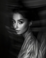 Naklejka premium A mysterious woman with her face in motion blur, double exposure photography, black and white photography, dark art style, high contrast, blurry details, shadows, soft lighting, emotional expression, 