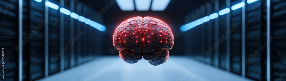 Poster futuristic digital brain ai server room background network technology concept