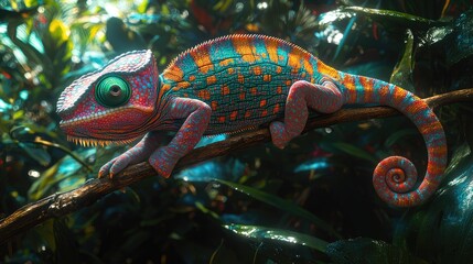 Vibrant Chameleon Perched on Tropical Branch