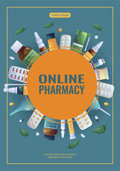 Design of a flyer for an online pharmacy, medicine. Medications, tablets, capsules, sprays, drops. Vector illustration in A4 format for posters, banners, covers, flyers, and advertisements.