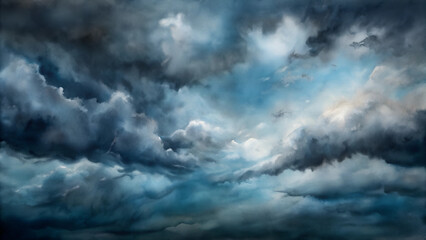 Watercolor stormy sky in swirling blue and gray shades evoking somberness for Blue Monday reflection with copy space