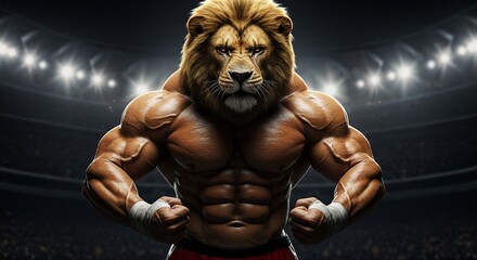 Muscular lion headed fighter stands fiercely in a stadium
