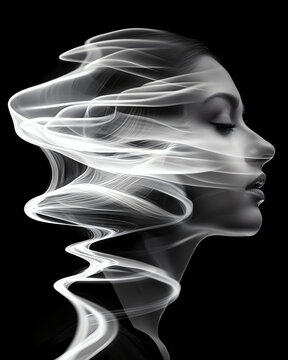 A mysterious woman with her face in motion blur, double exposure photography, black and white photography, dark art style, high contrast, blurry details, shadows, soft lighting, emotional expression, 