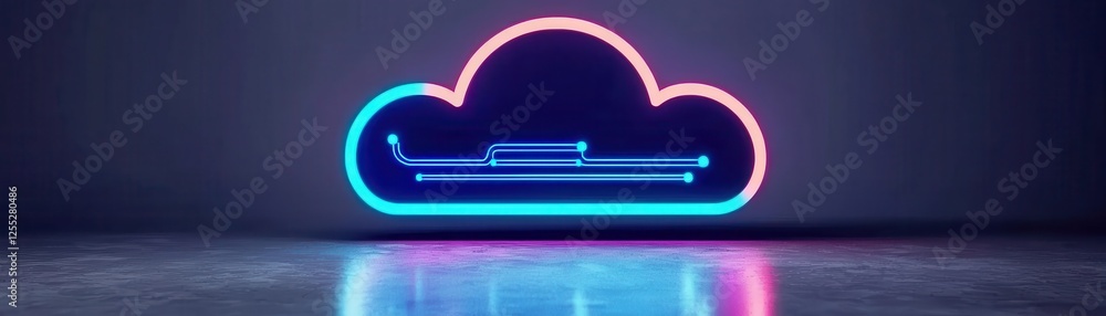 Poster neon cloud computing concept digital network data storage and technology innovation