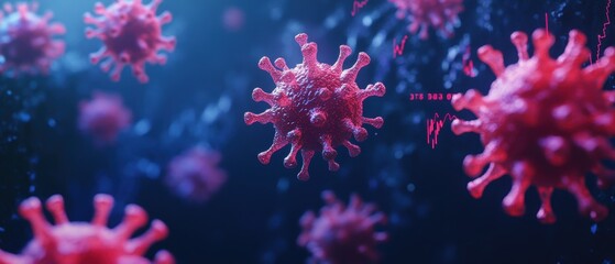 Virus, disease and healthcare concept with close-up view of coronavirus particles on blue background. Impacts on public health and global pandemic awareness.