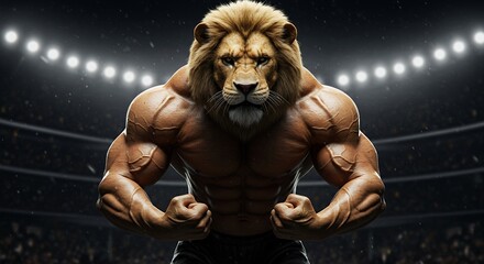 A muscular lion poses intensely showing off impressive physique