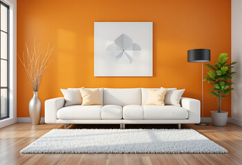 Modern Living Room with Orange Accent Wall and White Sofa