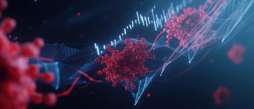 Virus propagation and data visualization in digital health analytics, depicting COVID-19 research and statistical graphs for pandemic management and trends.