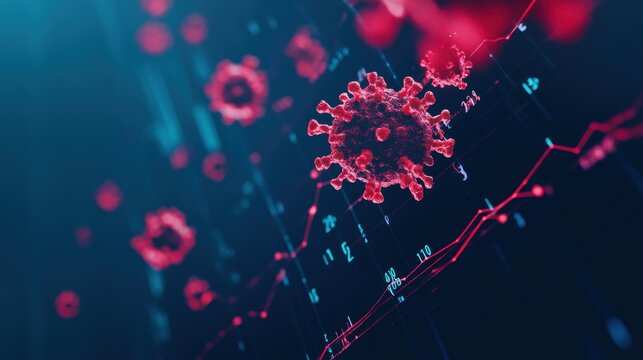 Virus spread and financial decline represented through digital graphics, illustrating impact of COVID-19 on global economy and market trends, healthcare sector analysis.