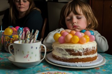 Joyful birthday celebration with a child and a parent surrounded by festive treats. Generative AI