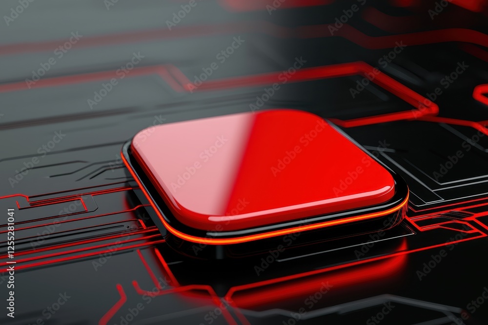 Poster abstract red button on futuristic black circuit board technology background