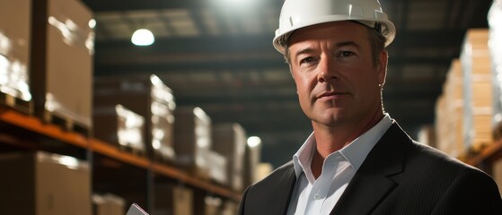 Warehouse manager overseeing operations with safety helmet, inventory management, logistics planning, and quality control in a busy distribution center.