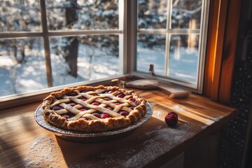 Rustic Cherry Pie on a Snowy Window Sill with Natural Lighting
