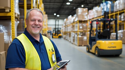 Warehouse worker using tablet in large storage facility with organized shelves, inventory management, and forklift in background for logistics operations.