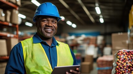 Warehouse worker with tablet, managing inventory and logistics. Industrial setting, safety gear, and efficient operations in supply chain management.