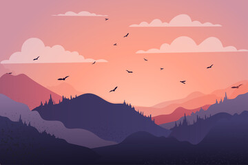beautiful-mountain-chain-landscape-sundown-with-birds