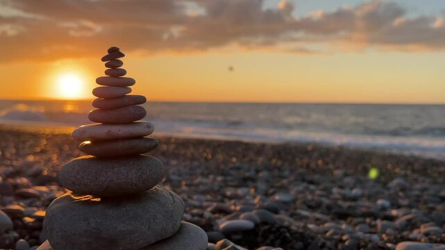 Horizontal 4K video. Little stone rock tower on pebble beach. Black sea shore. Setting sun at sunset, waves, coast. Concept of calm, yoga, travel, tourism, zen, spa, rest, life. Ocean view. Copy space