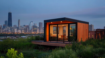 Fototapeta premium A rooftop tiny house with stunning city skyline views and a compact layout (3)