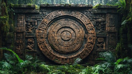 Obraz premium Mayan calendar stone wall in lush forest, mystery