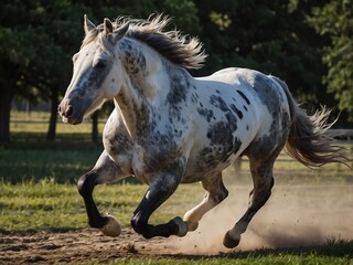 Obraz premium Majestic Brown Spotted Stallion Running Freely in Pasture with Vibrant Green Grass