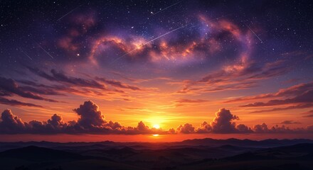 Obraz premium Dramatic sunset featuring celestial cloudscape with shooting stars