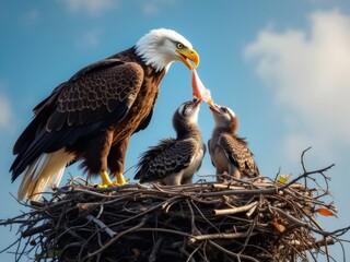 Bald eagle feeding chicks in nest showcasing parental care against clear blue sky