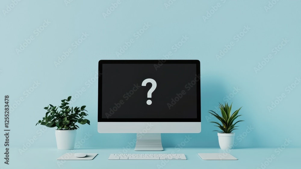 Poster Modern Workspace Setup with Desktop Computer Showing Question Mark Minimalist Desk