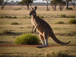 Kangaroo Jumping in Green Grass at Sunset in Australian Wildlife Scenic Landscape