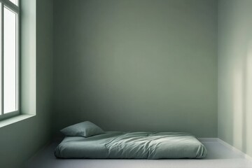 Minimalist design in a serene bedroom with a single bed and soft hues. Generative AI