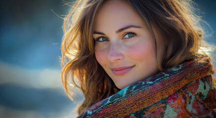 Naklejka premium A beautiful woman with striking green eyes is smiling gently while wrapped in a vibrant scarf, situated outdoors in soft, warm lighting