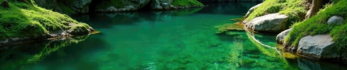 Mire with green water surface reflects mossy stone outline, terrain, stones