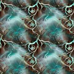 Druid magic: Mystical seamless pattern with tree branches and glowing symbols on a turquoise smoky background for blogs, cards, and textures, for stationery and game design