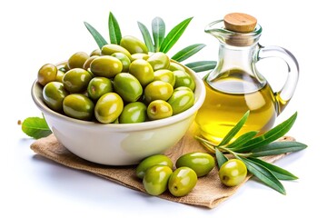 Fresh Green Olives with Leaves and Olive Oil