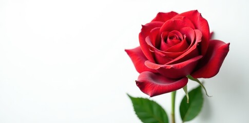 Velvet red rose, vibrant green leaves, pure white background,  blossom,  beauty