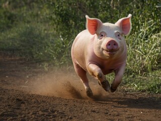 Fototapeta premium Cute Pink Pig Running in Farmyard Nature Portrait