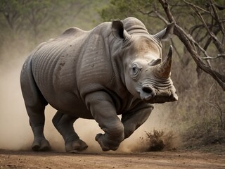 Fototapeta premium Majestic Running Rhino in Natural Habitat Showcasing African Wildlife Conservation