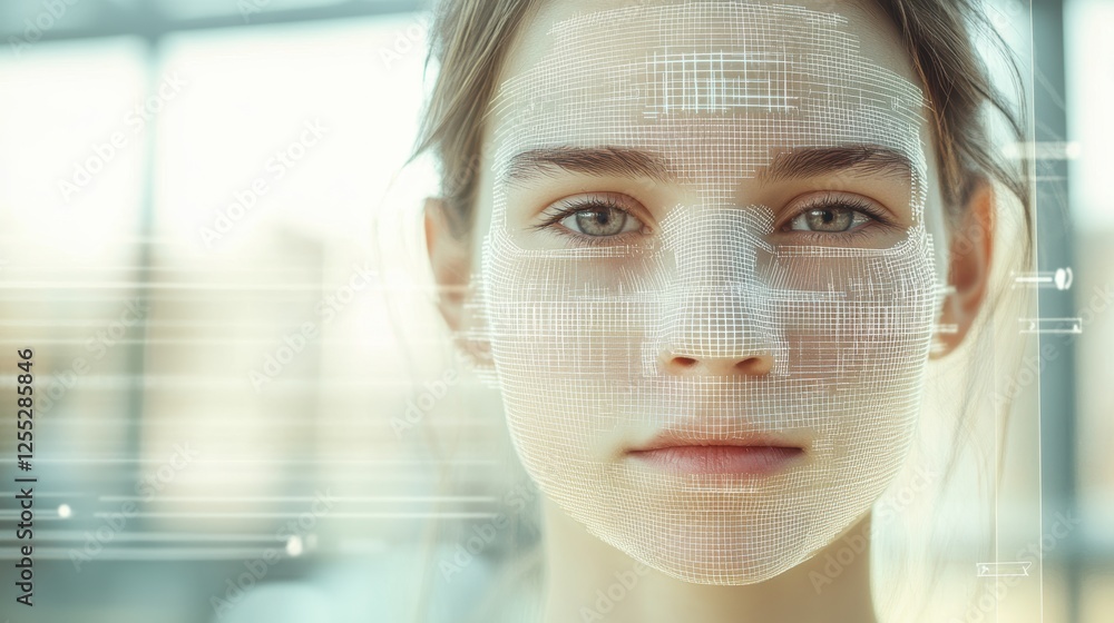 Poster womans face with digital overlay representing facial recognition technology, cybersecurity innovatio