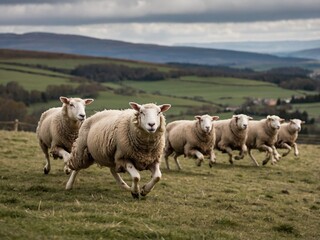 Herd of Grazing Sheep in Lush Pasture with Scenic Countryside View