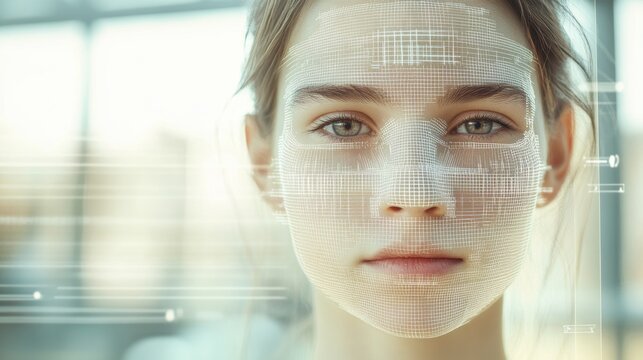 Womans face with digital overlay representing facial recognition technology, cybersecurity innovations, and data privacy in modern tech environments.
