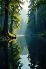 Obraz premium Reflections of tall forest trees on the lake's surface, branches, tree, leaves