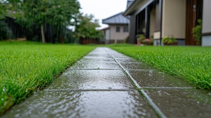 Rainy Pathway Through Residential Garden