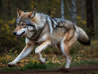 Fototapeta premium Majestic Wolf in Spring Forest: Wildlife Tracking & Predatory Behavior
