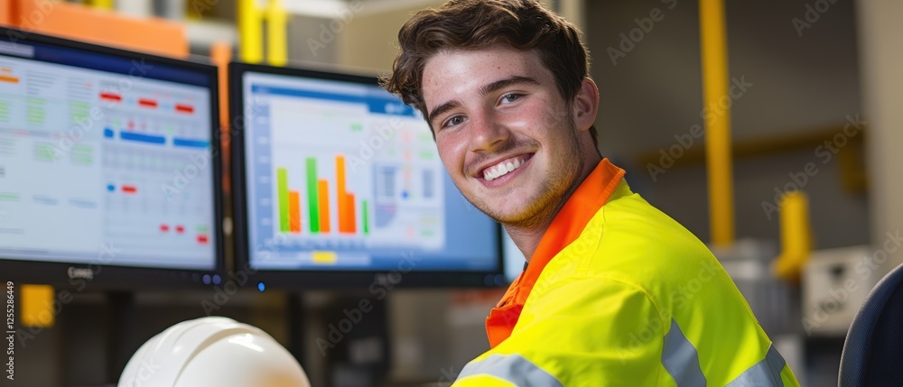 Poster worker in safety gear reviewing industrial data on computer screens, analyzing performance metrics a