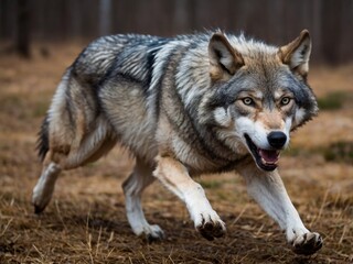 Fototapeta premium Fierce Grey Wolf in Natural Habitat Close-Up Capturing Alert Expression and Hunting Instincts in North America Wilderness
