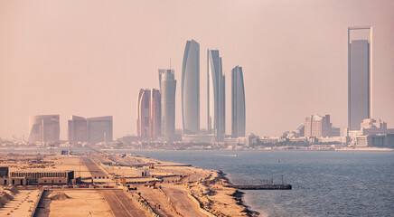 Iconic Abu Dhabi skyline with modern skyscrapers and waterfront view