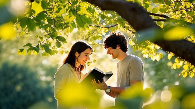 Couple enjoying a sunny day reading together under a tree in the park